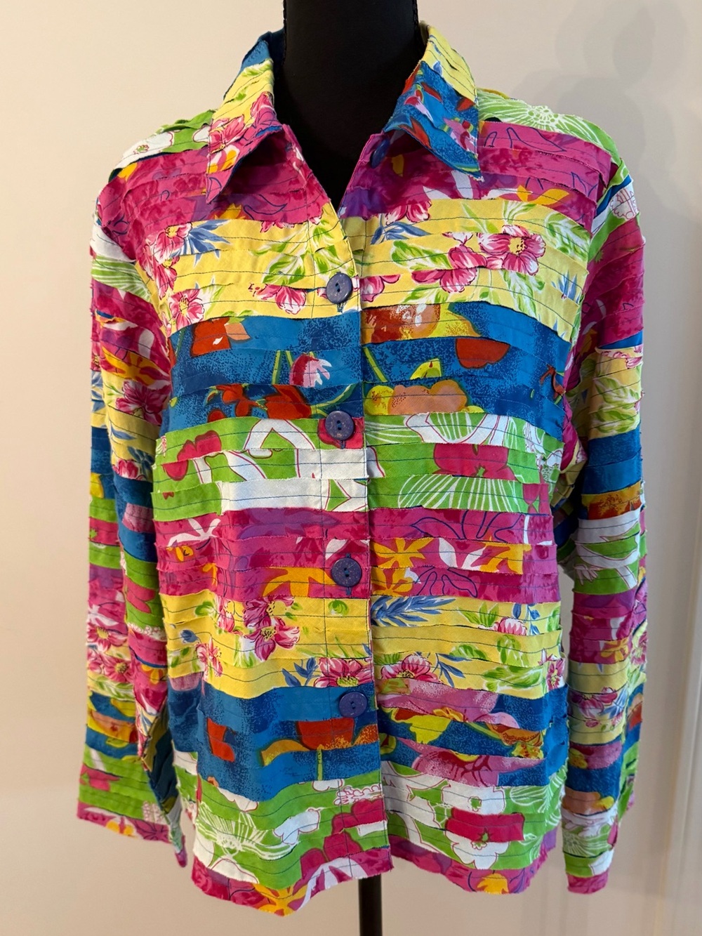 KEREN hart Vibrant Floral Raw Edge Striped Shacket